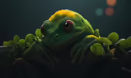 a frog is covered by green and yellow plants