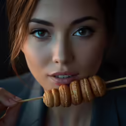 there is a woman holding a stick with pastries on it