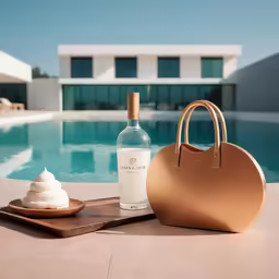 a bottle of wine and an in - game paddle are next to a pool