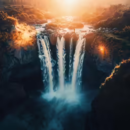 the waterfall has large water drops coming out of it