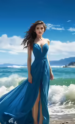 a woman in blue dress walking on beach
