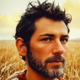 the image shows a man with a beard in front of wheat field
