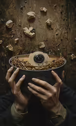 someone covering their face with the base of a black bowl