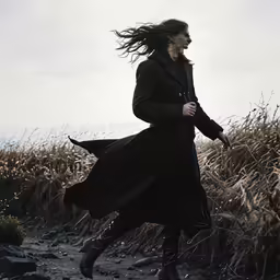 a woman in black coat running through an area with tall grass