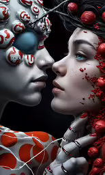 two young women are touching heads each other