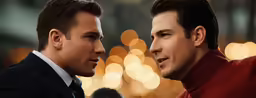 two young men standing together in front of a christmas tree
