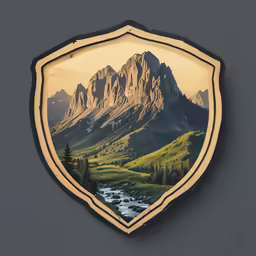 an image of a mountain scene in the back of a wooden badge