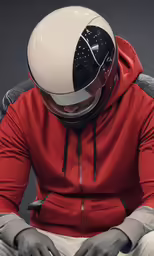 a person in a red hooded jacket sitting down with his hands on his knees