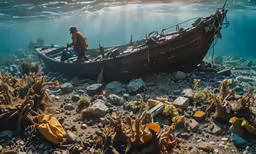 a large brown boat sitting on top of a rocky ocean floor