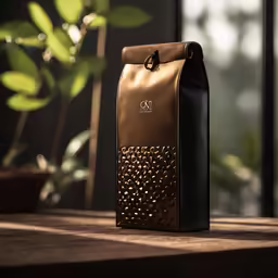 a gold foiled coffee bag sits on the table