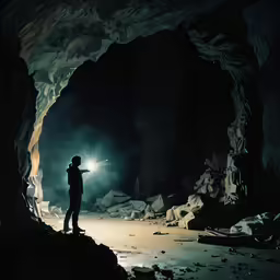 a man holding a flashlight standing inside of a cave