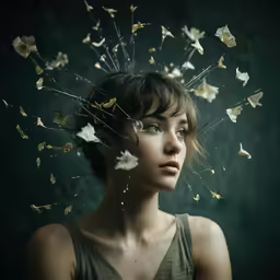 the woman is surrounded by butterflies flying around her head