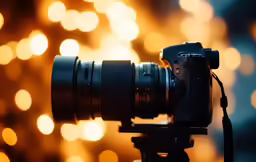 a camera with many lights in the background