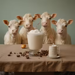 three cows standing in front of a cup filled with milk