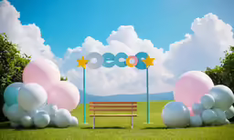 a park bench with balloons and stars on them