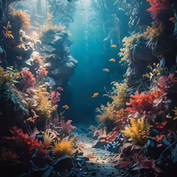a small tropical reef features several different plants and marine life