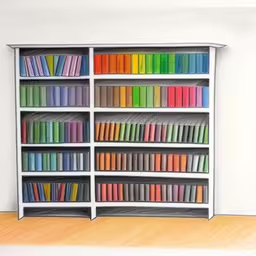 a drawing of a book case with many different colors,a bookcase that has many different books in it,a white book shelf that is filled with books,the white shelf is filled with colorful books,a painting of a shelf full of colored books