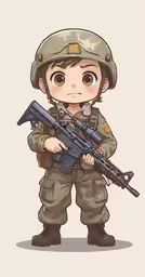a boy dressed in army fatigues holding a rifle