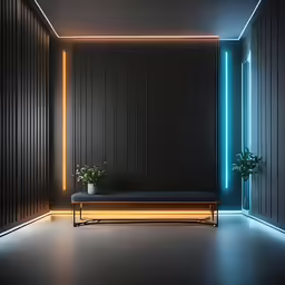 a black couch in a dark room with blue light coming from behind it