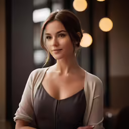 a woman standing with her arms folded on the counter