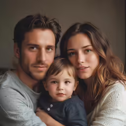 a man and woman with a child in their arms