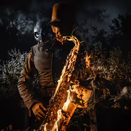 a person wearing a mask sitting next to fire