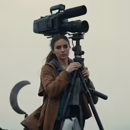 a woman is standing with a video camera