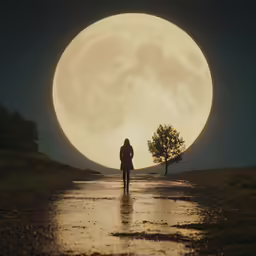 a man walking down a rain soaked road under a large moon