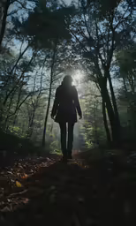 the woman is walking through the woods towards the light