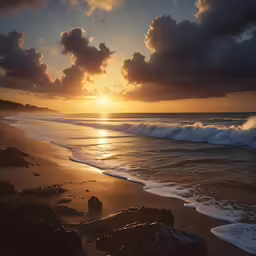 the sun is shining down on the beach
