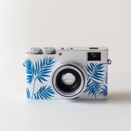 an old camera with blue and white leaves on it