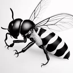 a bee in a black and white striped suit with two legs outstretched