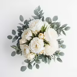 an overhead shot of a white bouquet of flowers