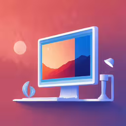 a monitor on a computer wall that is displaying mountain images,a flat screen monitor next to a keyboard on a shelf
