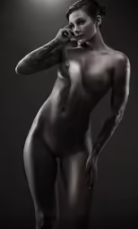 a woman with tattoos is naked, wearing a black dress