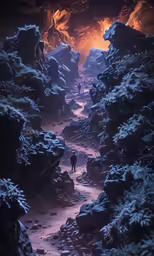 a person in black walking up a trail that looks like lava and rock