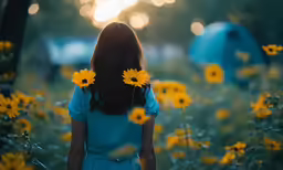 the woman is walking through a field of flowers