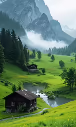 the house is in a lush green valley