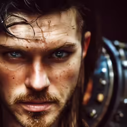 a man looks at the camera while he has wet hair and freckled skin
