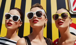 three women in shades and sunglasses standing by a building