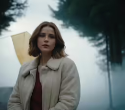 a woman in a brown jacket holding an umbrella