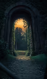 a path leading to a green gate under an orange sky