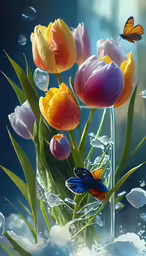 a painting of flowers with butterflies in water