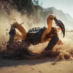 a man dressed in costume is falling off his belly into a dirt field