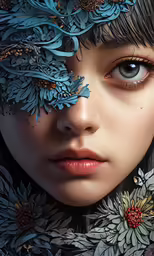 a woman with long hair has large, blue eyes and a flower adorned wreath