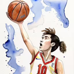 a basketball card featuring a girl shooting a basketball,a painting of a girl with basketball in her hand