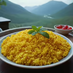 yellow rice on a plate with two small bowls filled with cherry tomatoes