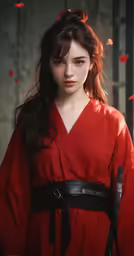 a woman with red dress and a black belt