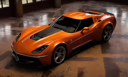 a very bright orange sports car in a dimly lit room