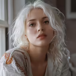 woman with blond hair, wearing a white shirt and looking off into the distance